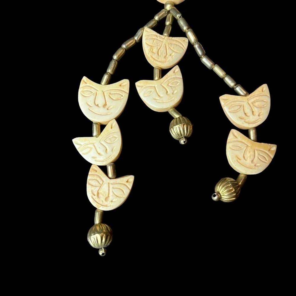 Carved and Beaded Bone Metal Multiple Strand Cat Face Hook and Loop Necklace